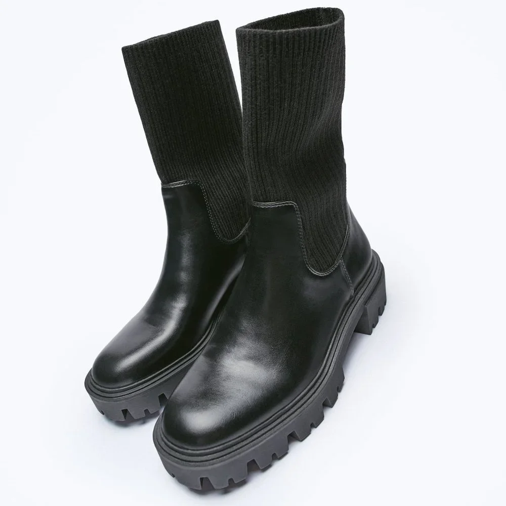 ZARA Lug Sole Chelsea Sock Boot In Black - Picture 1 of 8